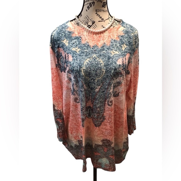 New Directions Belk Brand PXL Peach and Blue Floral Blouse Lightweight Studded - Picture 1 of 4